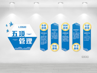 蓝色简约企业文化五项管理文化墙